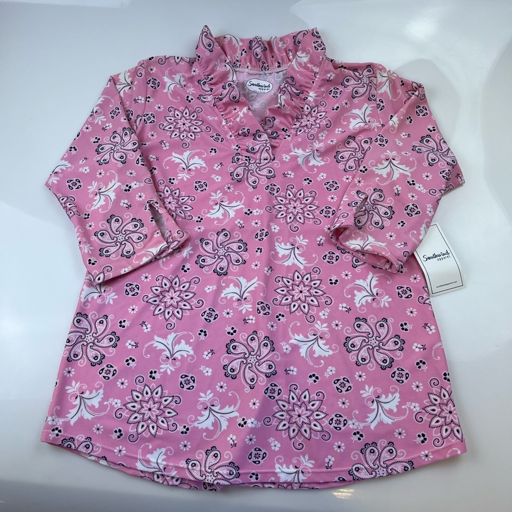 SOUTHWIND Pink UPF 50 3/4 Sleeve Ruffle Top in Bandana N249-12